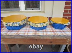 Set Of 3 Longaberger Baskets Blue With Wooden Lids Stacking Basket