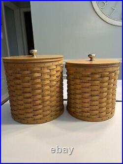 Set of 2 Longaberger 2003 Round Canister Basket Wood Lid Inner Protector with lid