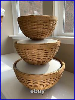 Set of 3 longaberger bowl basket w hard plastic protector, snap lids and liners