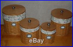 Set of 4 Longaberger Basket Canisters & Woodcrafts Lids Sealed Protectors Liners